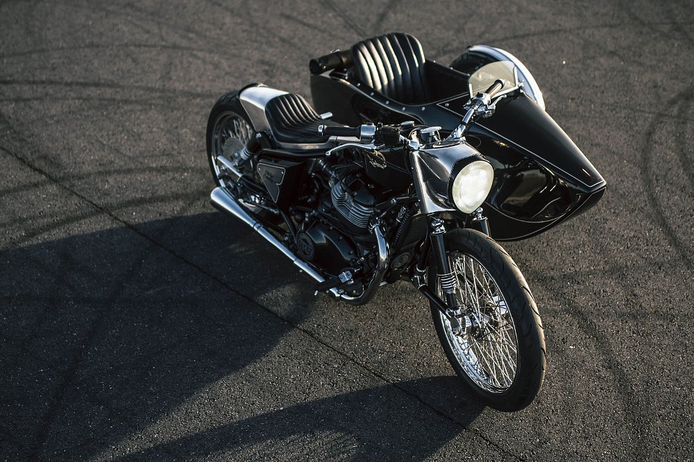 overhead view of Royal Enfield with custom sidecar