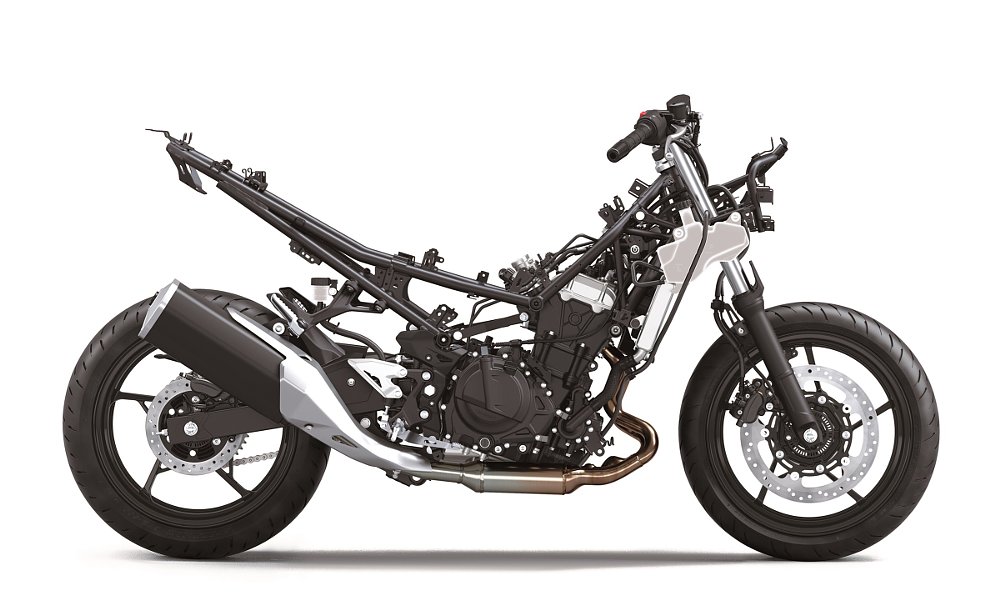 Ninja 500 stripped of bodywork to show frame and engine