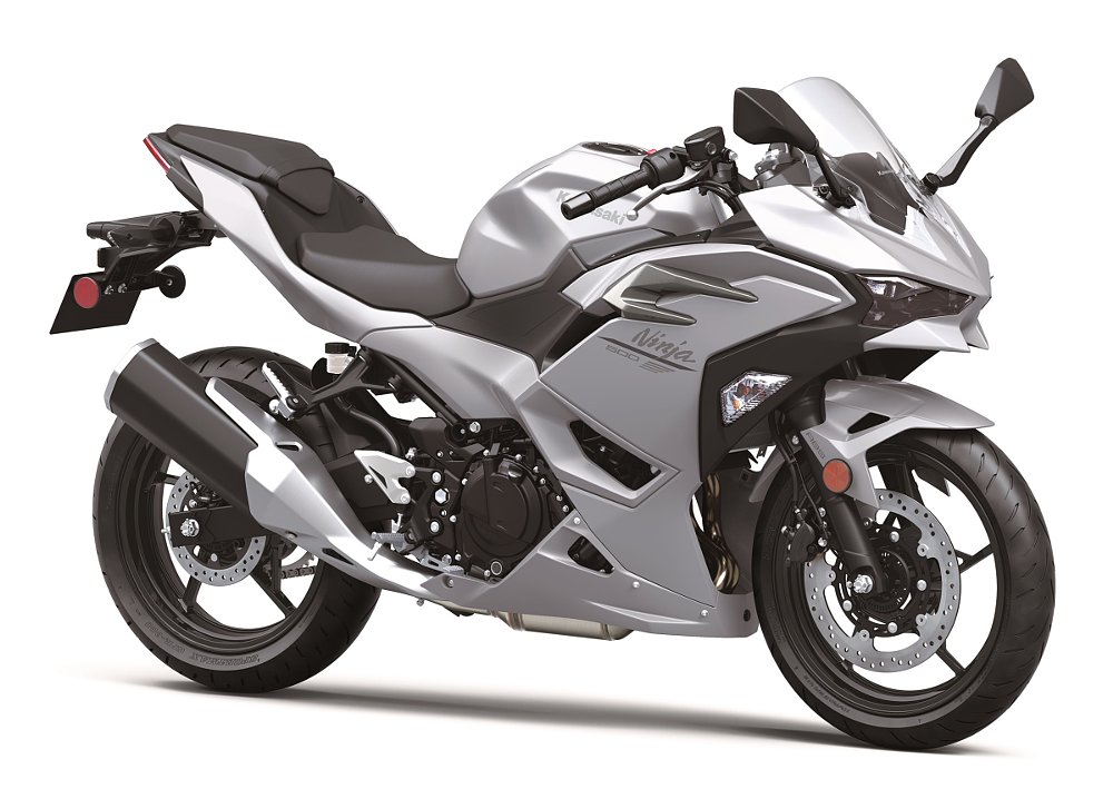 studio photo of silver 2024 Kawasaki Ninja 500