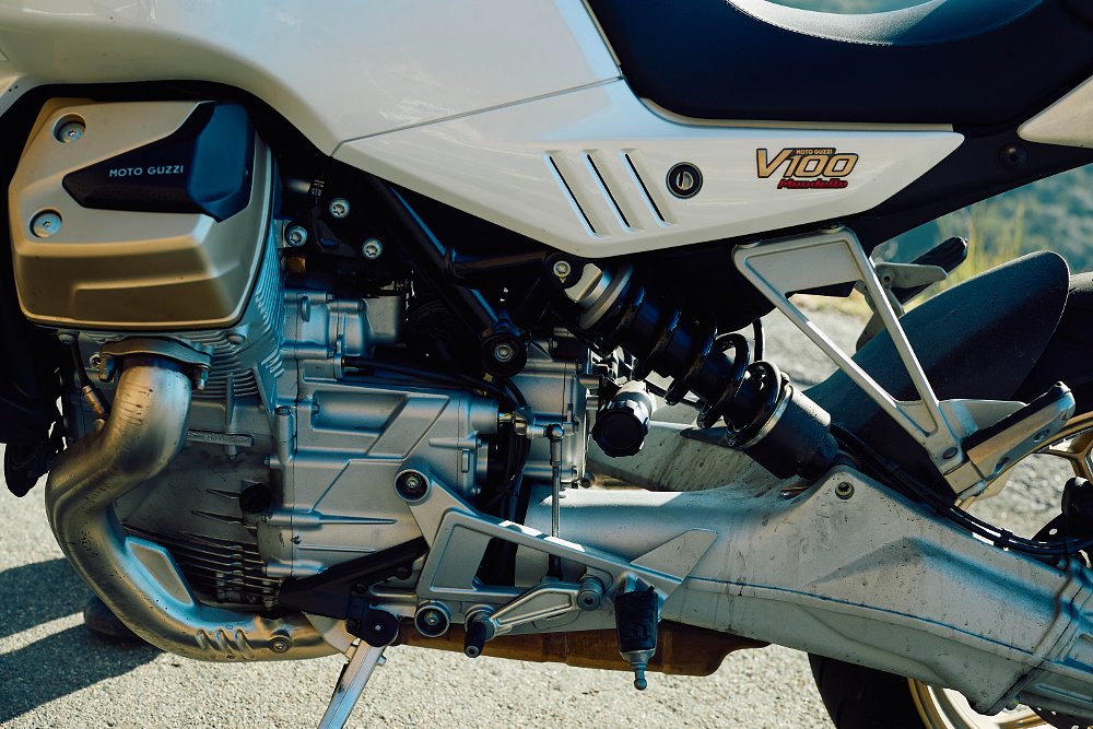 2023 Moto Guzzi V100 Mandello keft side engine and transmission detail
