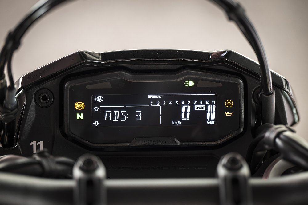 2024 Ducati Hypermotard 698 detail image of the 3.8-inch LCD dash display.