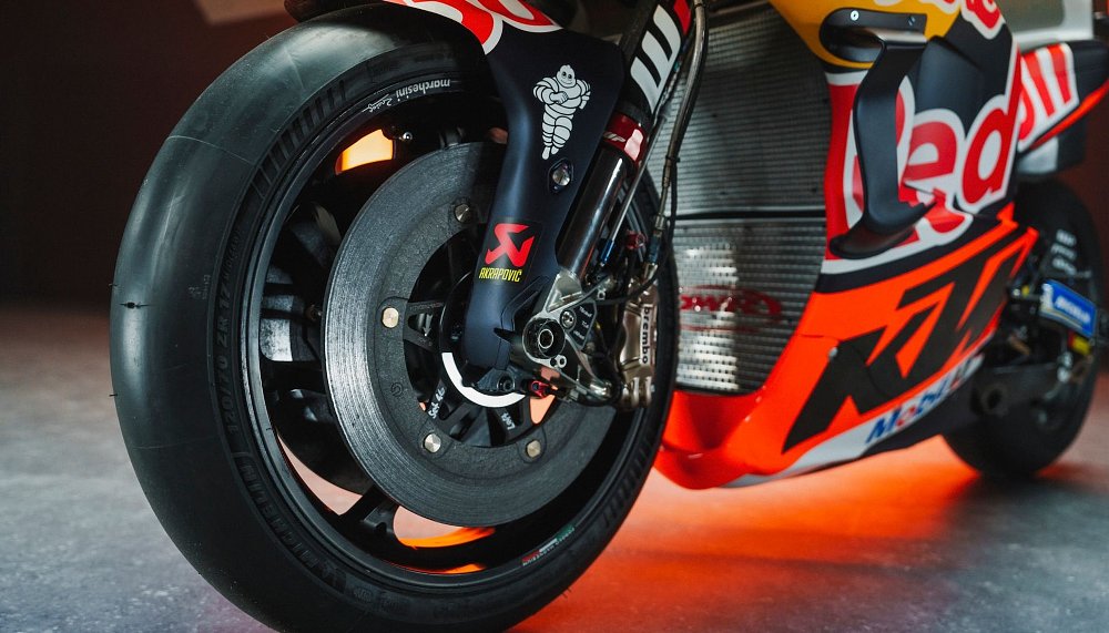 close up shot of the front wheel and tire on the KTM RC16 MotoGP race motorcycle