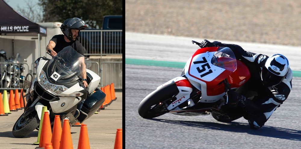 photos of a rider in a slow-speed turn and a high-speed turn
