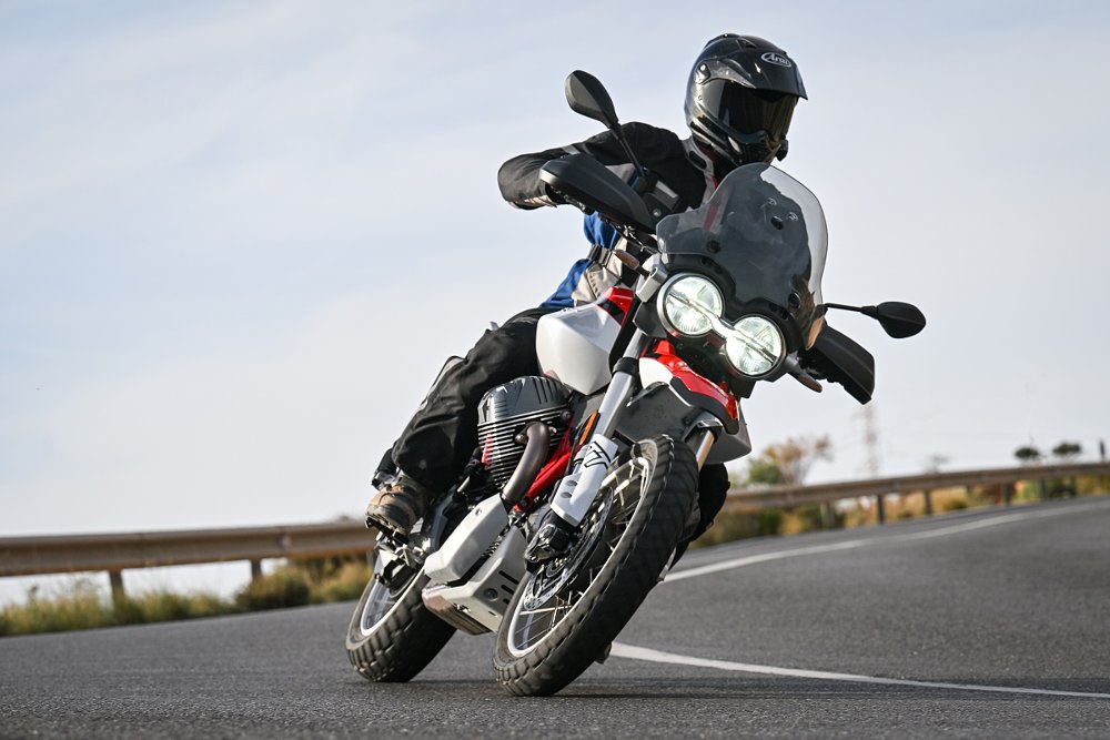 view of the V85 TT on a mountain road from the front
