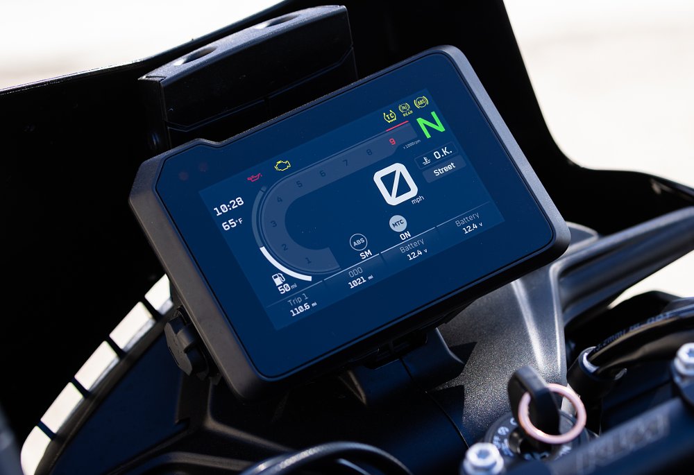 2024 KTM 890 SMT TFT dash display detail.