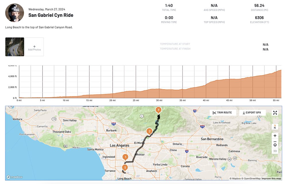 REVER track of a motorcycle ride from Long Beach, CA, to San Gabriel Canyon.