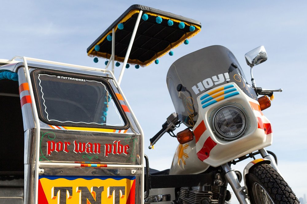 view of the colorful Traysikel sidecar rig