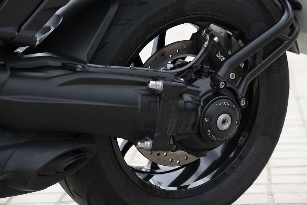 close view of the rear wheel and swingarm on the Rocket 3 Storm