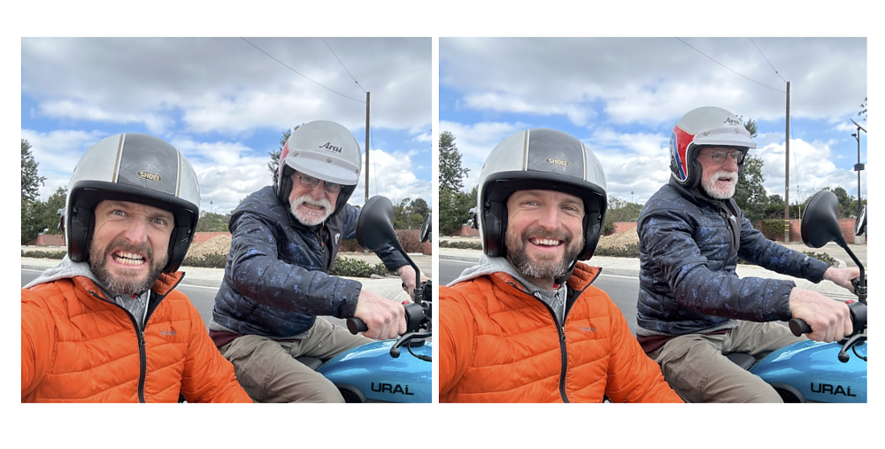 Tim and Zack Courts riding in a Ural sidecar.