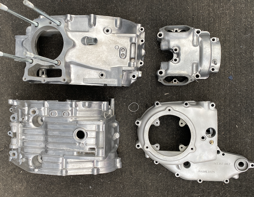 XL250 engine cases after vapor honing. 