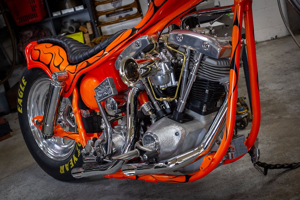 view of the Shovelhead engine in the custom