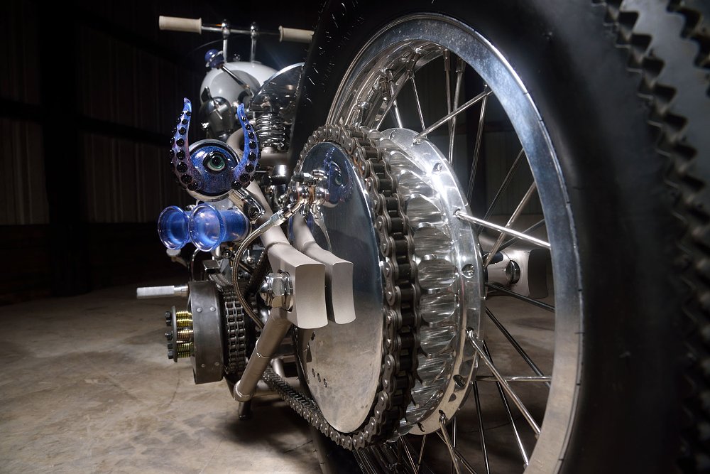 rear view of the rear wheel and purple tail light housing shaped like a squid