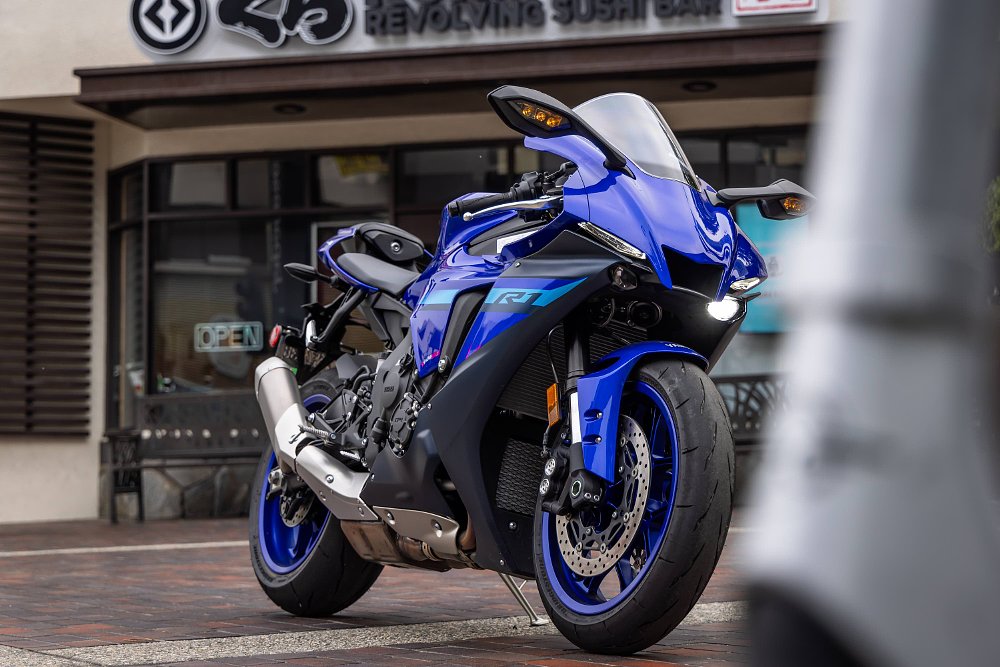A 2024 Yamaha R1 parked in a courtyard in Japantown, Los Angeles.