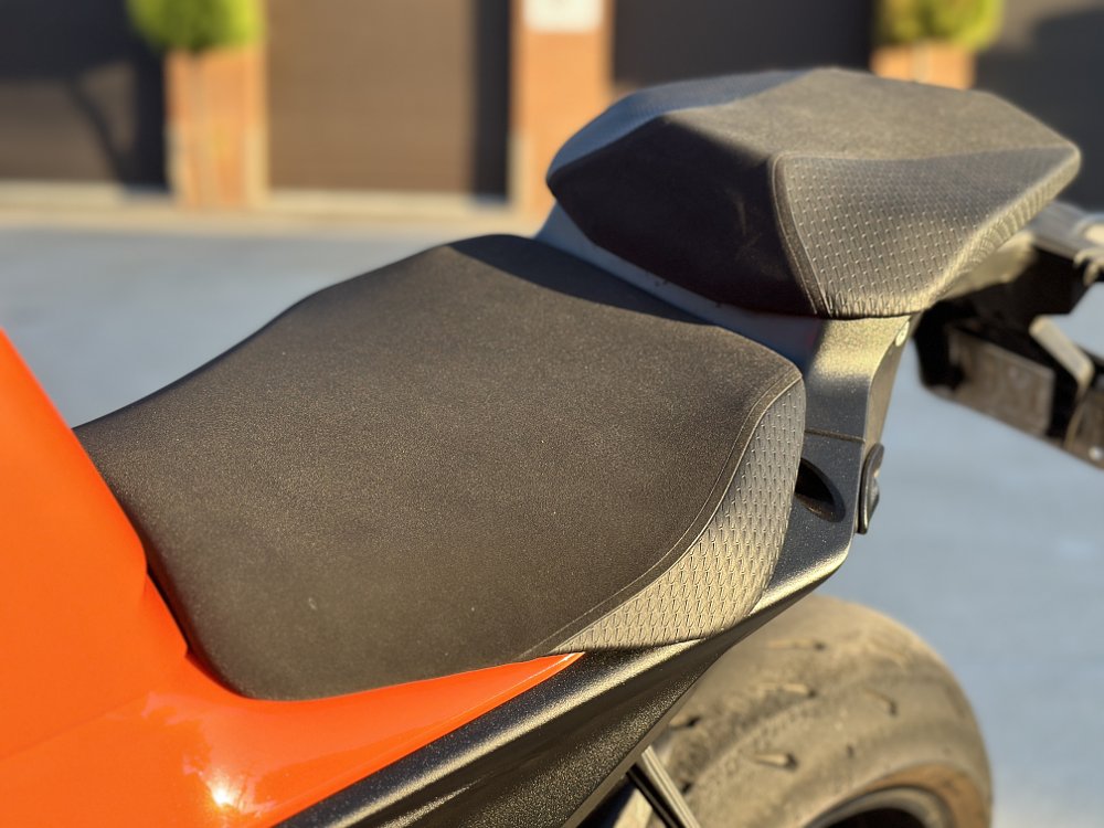 Detail of the seat on a KTM 1390 Super Duke R.