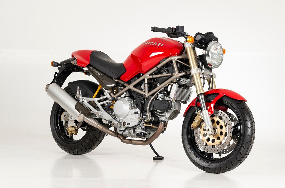 A 1993 Ducati Monster M900 in a studio.