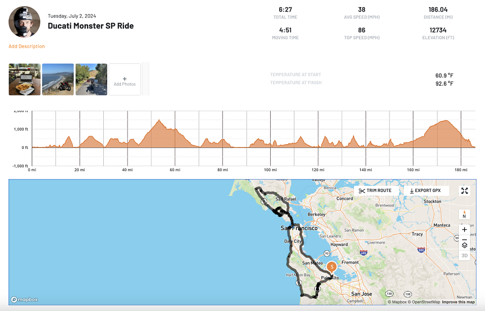 Screenshot of a REVER track of a motorcycle ride near San Francisco.