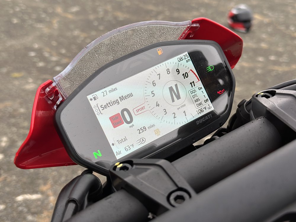 Detail of the TFT dash unit on a 2024 Ducati Monster SP.