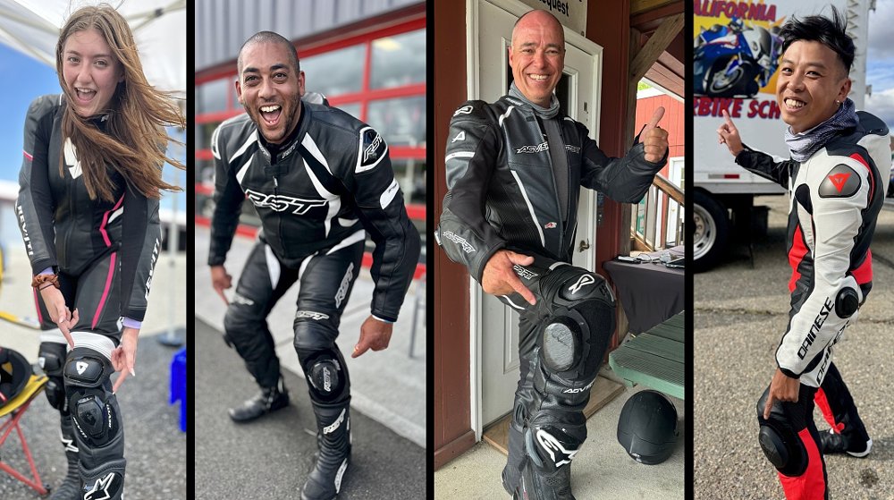 four riders smiling and pointing to the scrapes on their knee pucks