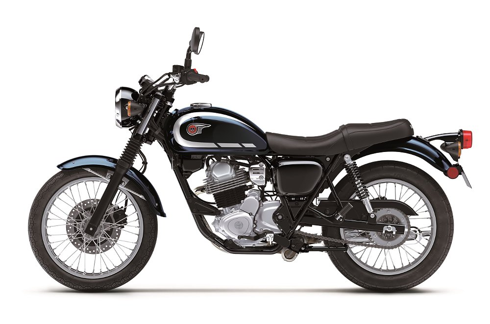 studio photo of Kawasaki W230 in dark blue and black color scheme