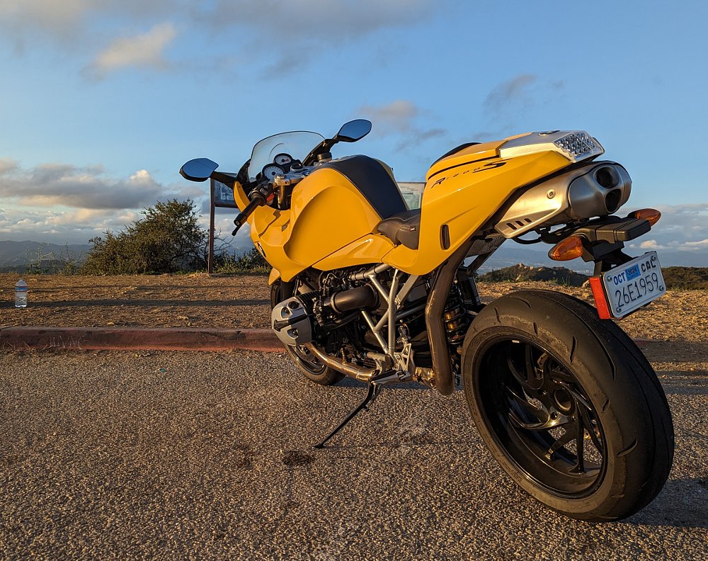 rear view of the BMW R 1200 S showing the rear tire and underseat exhaust