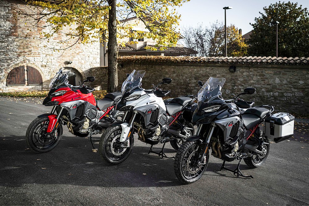 Three different Multistradas, in three different trims, lined up outside Park Hotel ai Cappuccini in Gubbio, Italy.