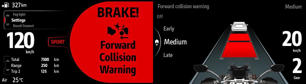 The activated Forward Collision Warning notification occupies one side of the TFT display. The FCW menu visually illustrates the system's current buffer zone.
