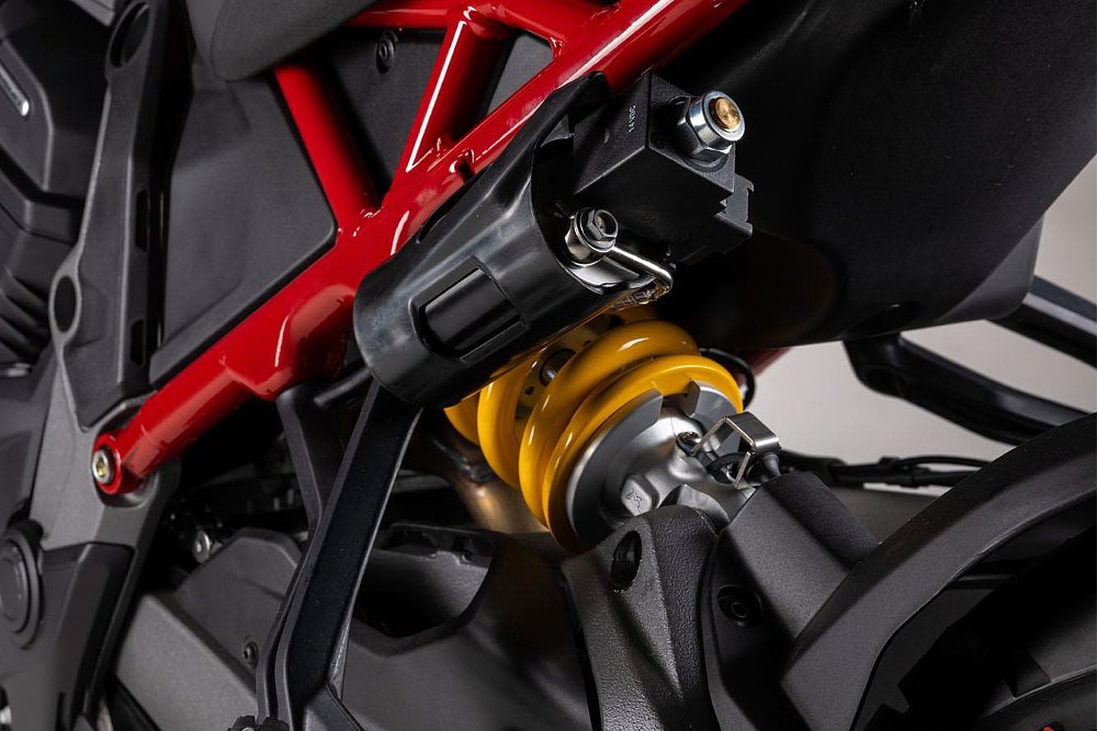 A close-up of the Multistrada's shock reveals the electronic apparatus supporting the rear suspension.