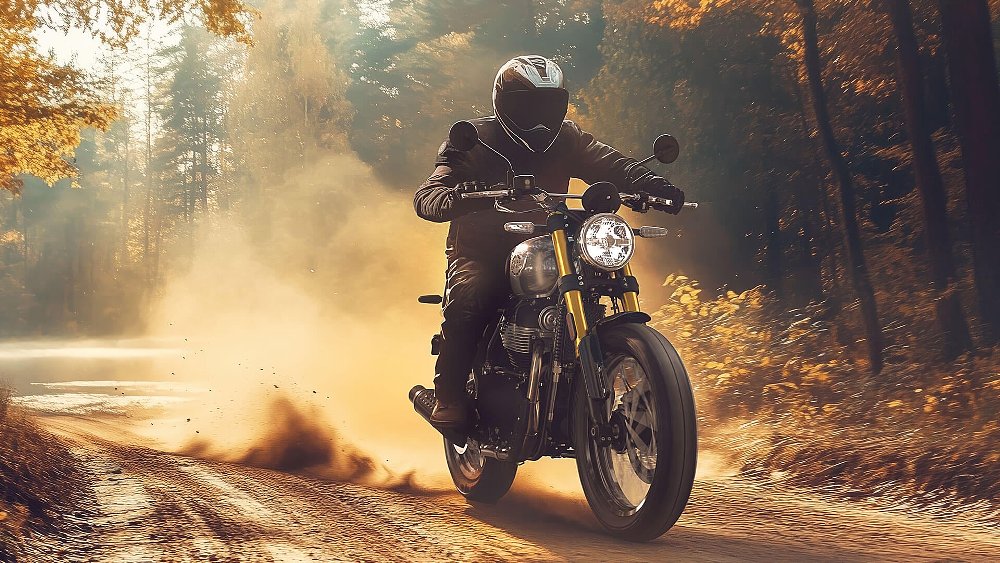 The Royal Enfield Bear 650, a scrambler-style motorcycle, romps down a dirt trail.