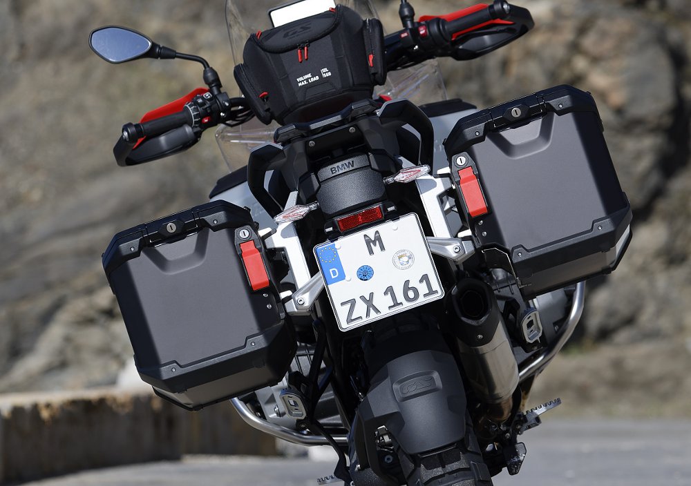 rear view of the motorcycle with large aluminum panniers fitted