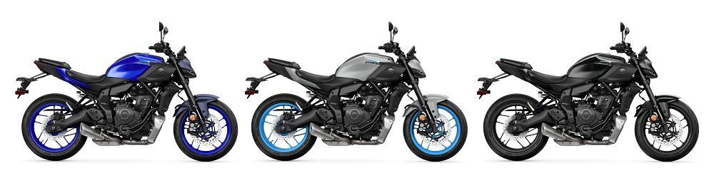 All three colors (Team Yamaha Blue, Ice Storm, and Matte Charcoal Black) stand against a white background.