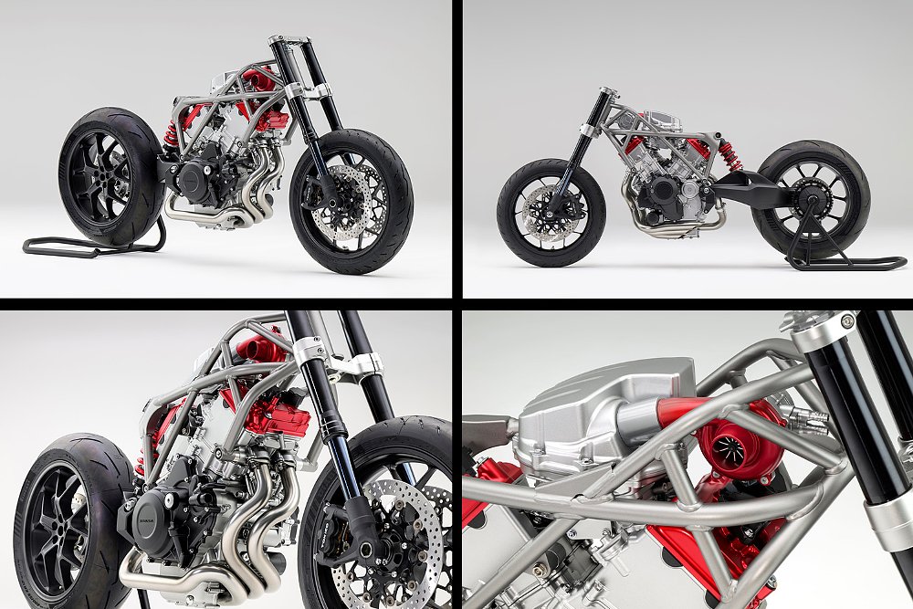 Four studio images of a rolling chassis featuring Honda's new V3 engine and electrical compressor.