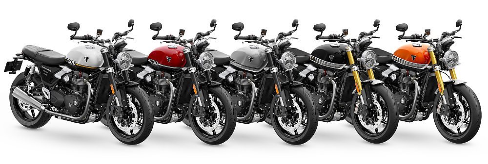 studio photo of five Triumph Speed Twin 1200s in the five available colors