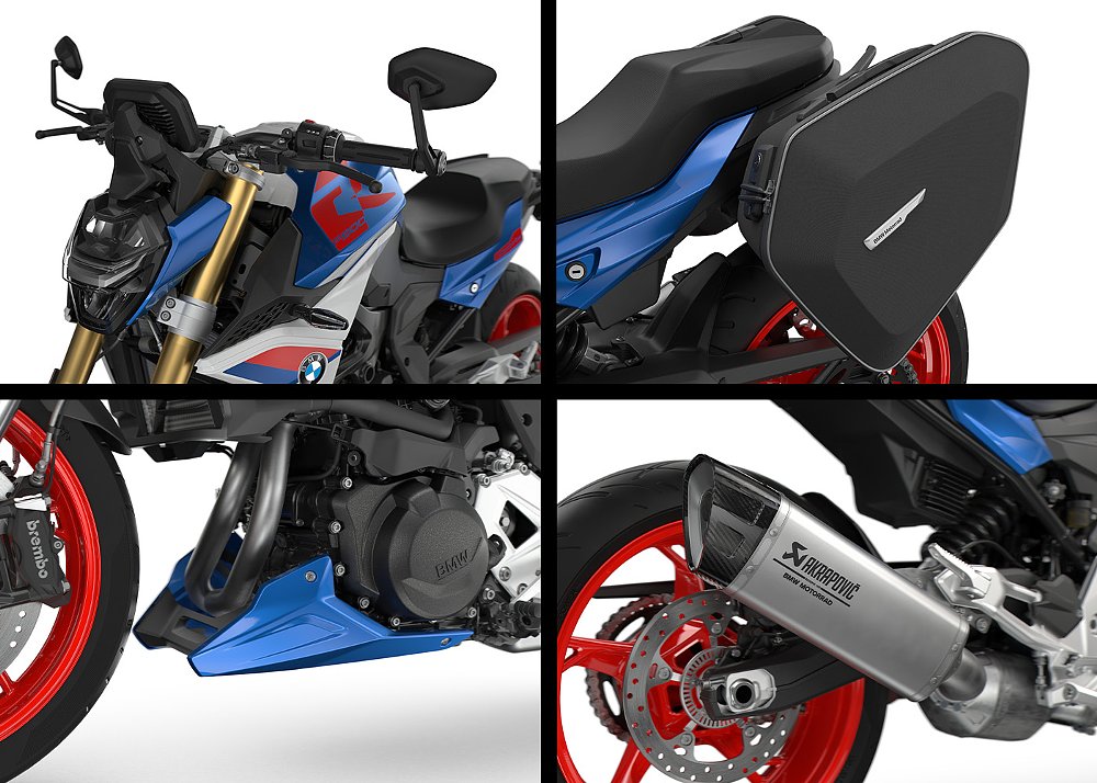 Four images of the F 900 R and F 900 XR's accessories, including bar-end mirrors, an Akrapovič silencer, soft side cases, and a belly pan. 