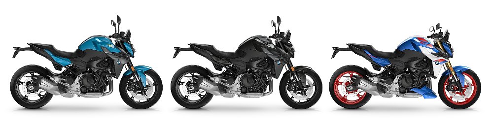 Three F 900 Rs in Snapper Rocks Blue metallic, Blackstorm metallic, and Lightwhite with Racingblue metallic.