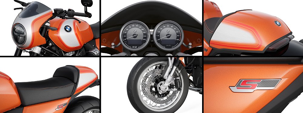 Detail shots of the R 12 S includes the model's bikini fairing, cockpit gauges, tail cowl, spoked wheels, and side panels.