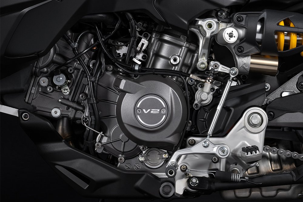 A close-up of Ducati's new 890 cc 90-degree V-twin engine.