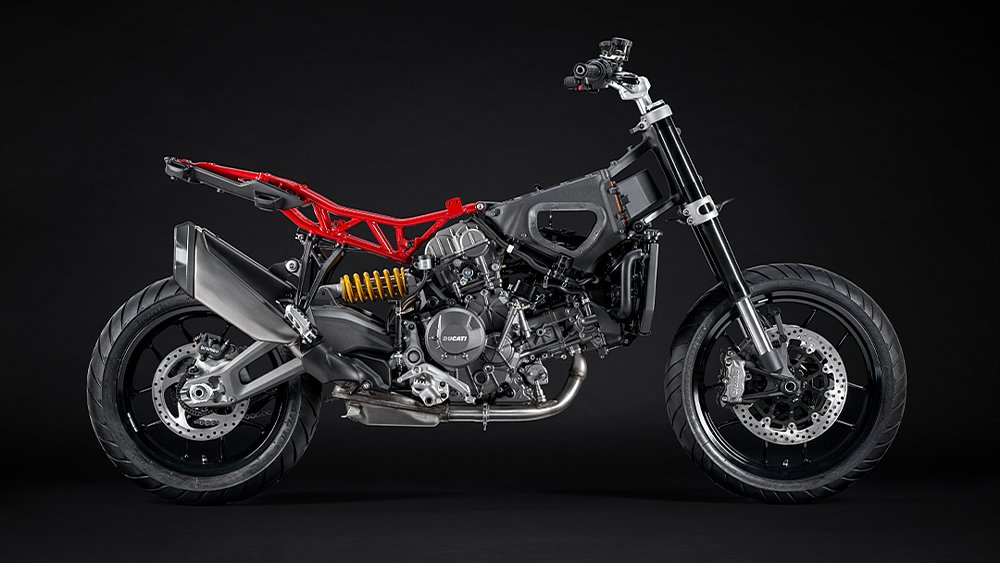 The 2025 Multistrada V2 stands without its bodywork, exposing its new monocoque aluminum frame. 