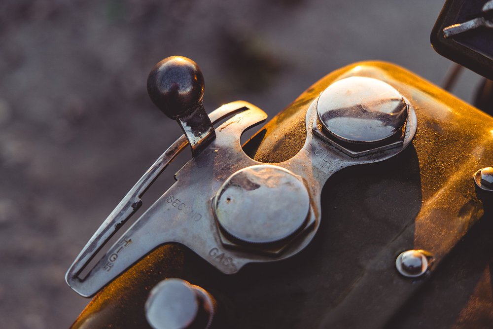 1924 Harley-Davidson Model J shifter and fuel cap detail.