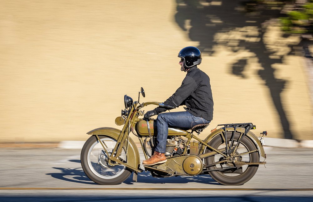 1924 Harley-Davidson Model J in motion.