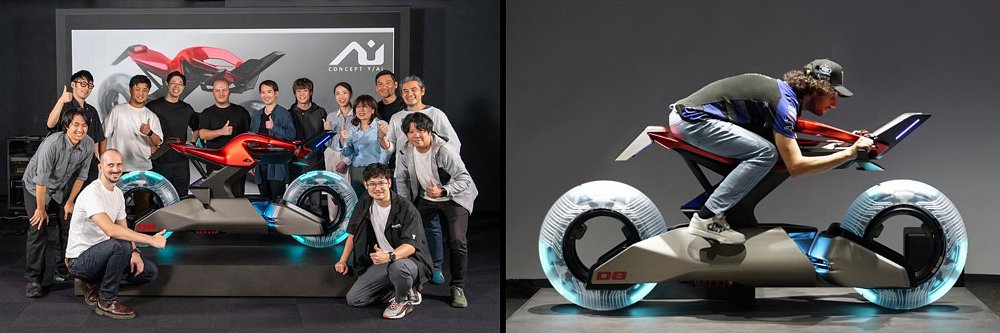 Pictures from the 2024 Thailand International Motor Expo with the Y/AI team crowded around the prototype and MotoGP rider sitting on the display bike.