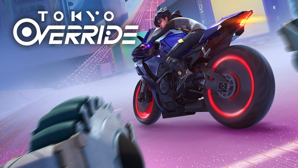 The cover art for Netflix anime series Tokyo Override shows main protagonist Kai fleeing robots aboard a Yamaha YZF-R1 sport bike.
