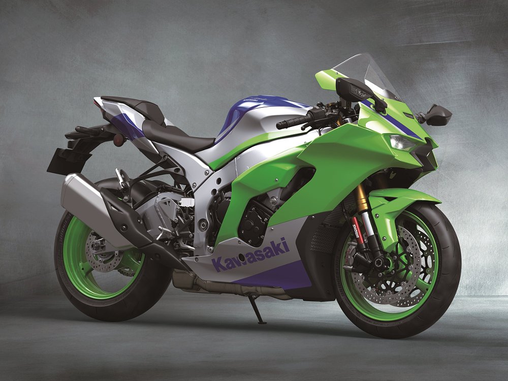 Kawasaki ZX-10R in colorful pastel green, white, and purple paint