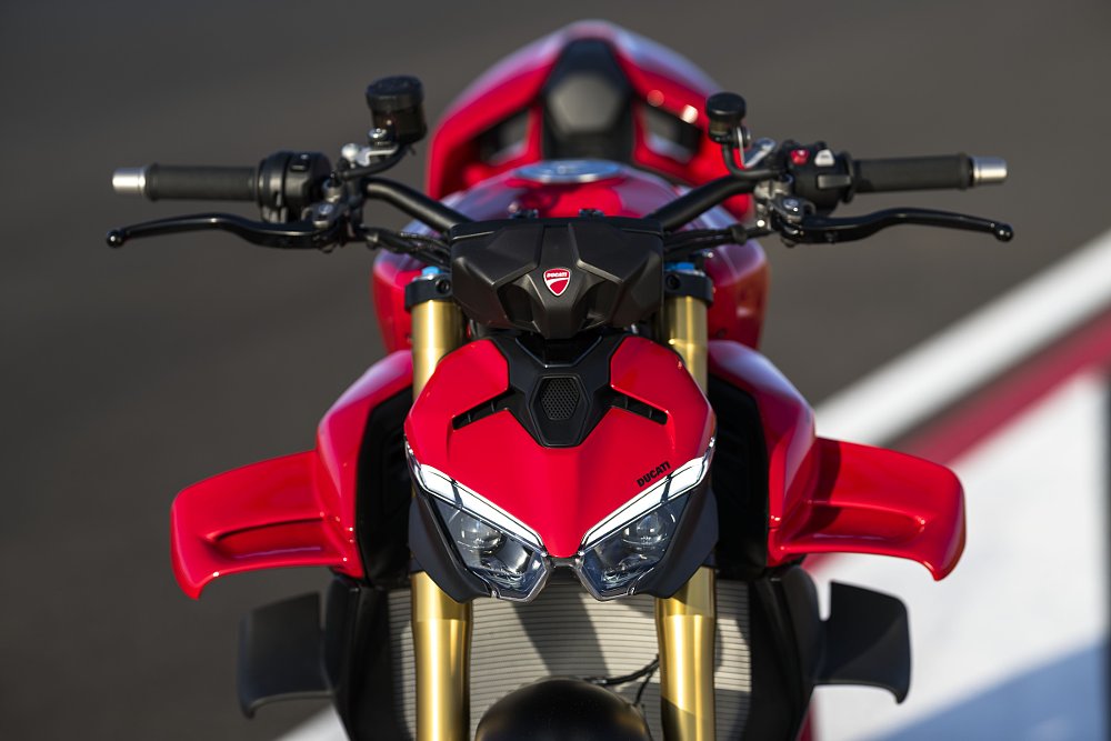 photo of the front of a Ducati Streetfighter with two prominent rows of wings