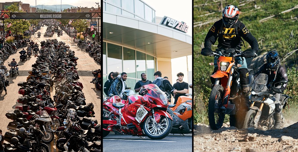 three photos of huge crowd of cruiser motorcycles at Sturgis, riders hanging out in front of RevZilla with a Hayabusa in the foreground, and two riders on a trail off-road