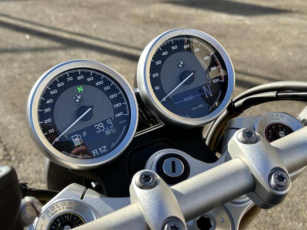 2024 BMW R 12 nineT speedometer and tachometer detail.