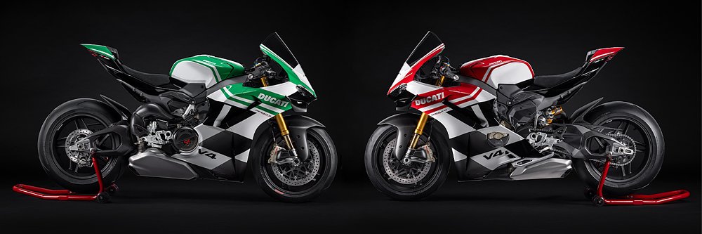 The Panigale V4 Tricolore's Italian flag-inspired livery seen in left and right profile shots.