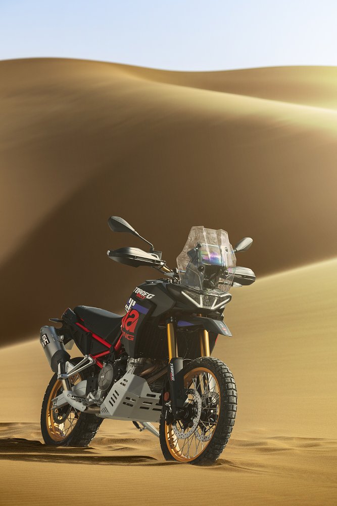 Aprilia Tuareg Rally parked on huge sand dunes