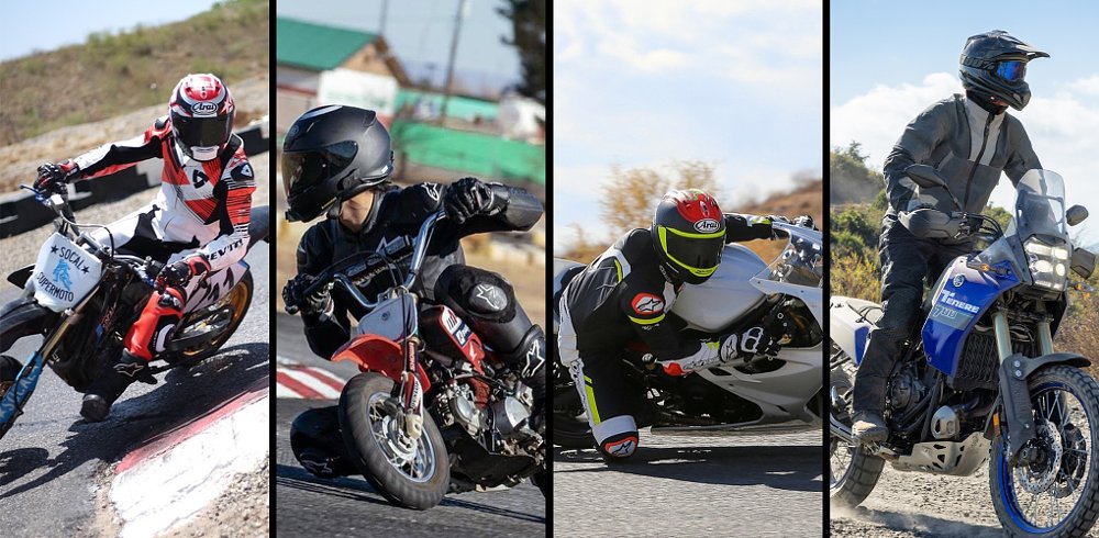In a four-panel picture, Dustin rides a supermoto, mini-bike, sport bike, and an adventure bike.