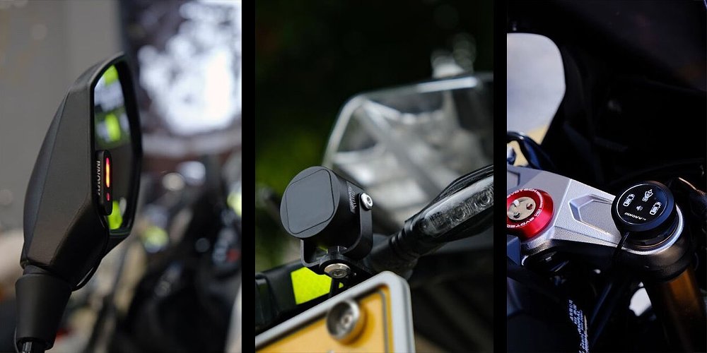 Images of the INNOVV ThirdEYE's mirror lights, rear radar, and watch indicator.