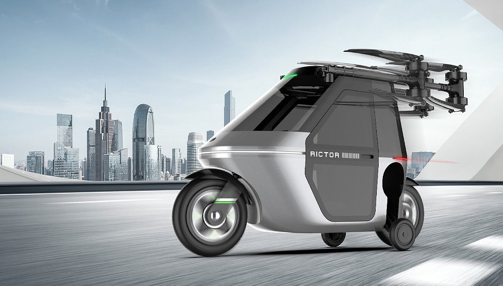 The Rictor Skyrider X1 flying motorcycle stands before a gleaming city skyline.